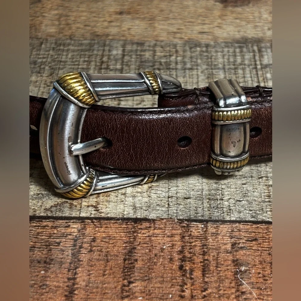 VTG Fossil Belt Womens Large Brown Leather 2-Tone Silver Brass Buckle Band